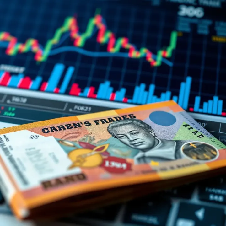 Illustration of South African rand notes alongside forex market charts