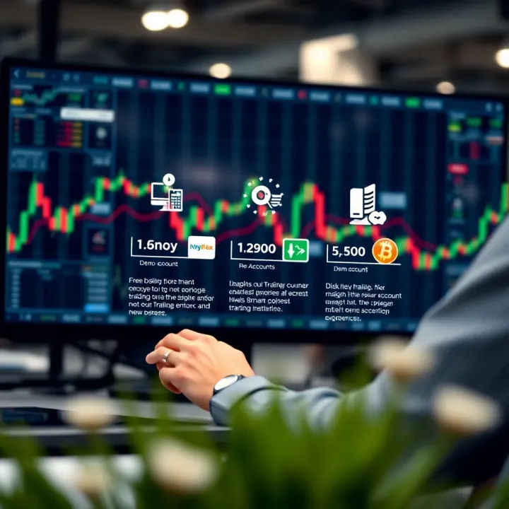 Conceptual graphic of a trader analyzing digital market data with icons representing demo account benefits