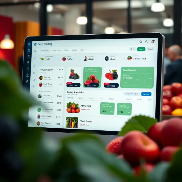 Digital interface displaying a dashboard of agricultural produce listings and transaction options