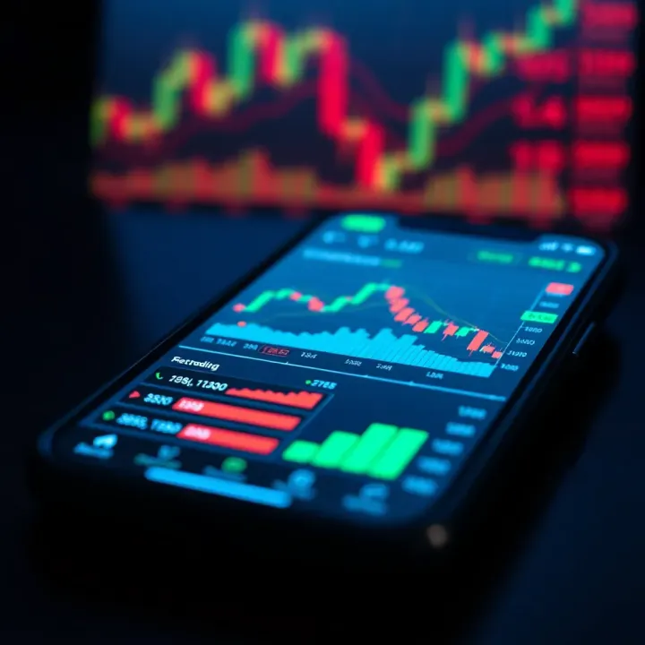 Mobile device displaying a stock trading application interface with charts and market data