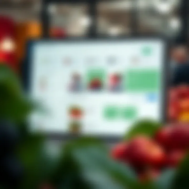 Digital interface displaying a dashboard of agricultural produce listings and transaction options