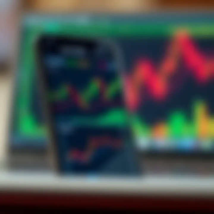 Mobile phone displaying forex trading app interface with charts and currency pairs