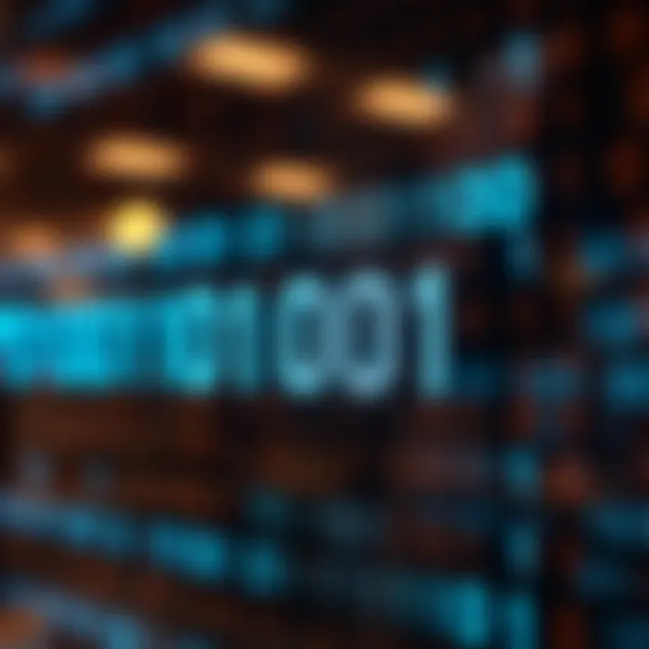 Illustration showing conversion of text characters to binary digits on a digital screen