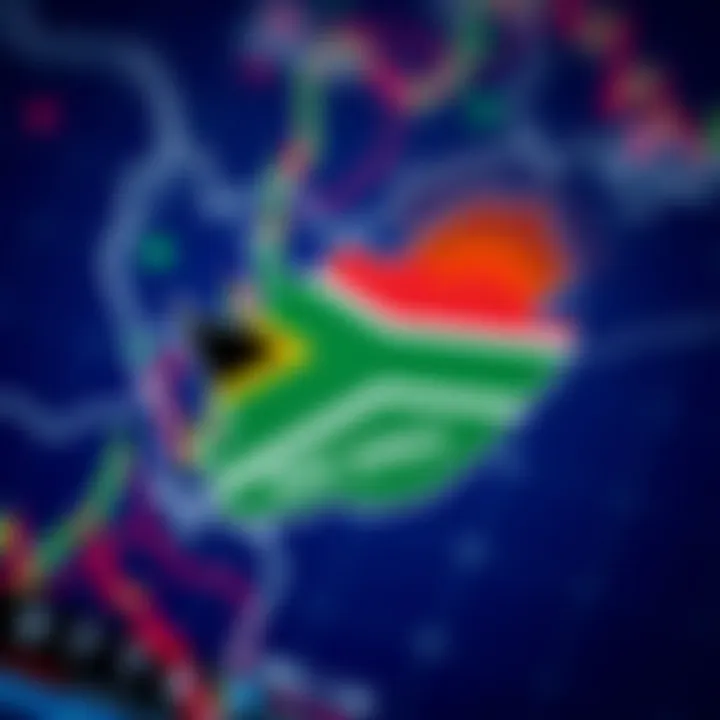 South African flag overlaid on a digital map highlighting East London forex trading hubs