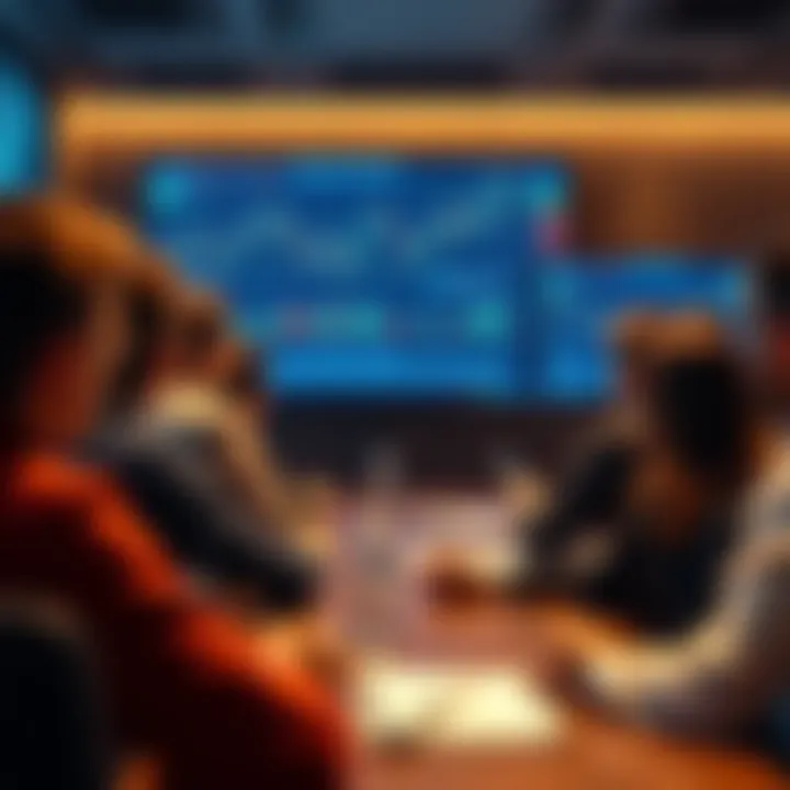 Group of individuals attending a forex trading seminar with charts and data on a large screen