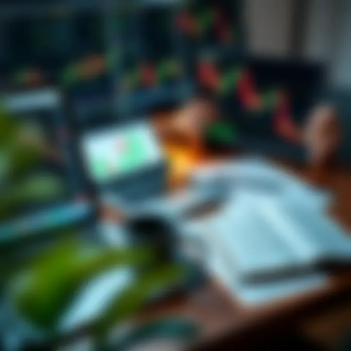 Conceptual forex trading workspace with currency charts, laptop, and trading notes