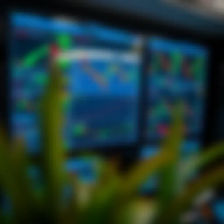 Digital interface showing forex trading charts and currency pairs on multiple screens