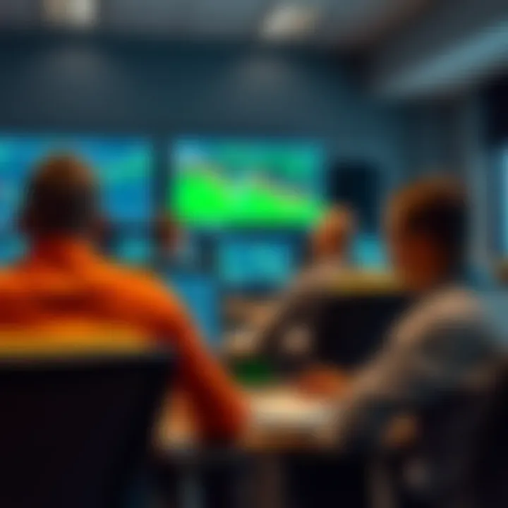 Classroom setting with students attentively learning forex trading concepts on computer screens