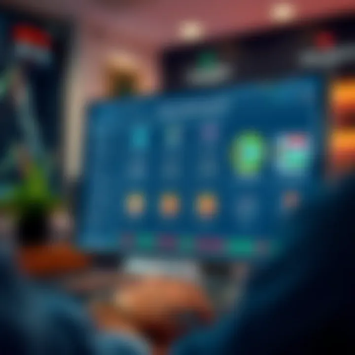 Illustration of a computer screen showing forex trading course modules and certification badges