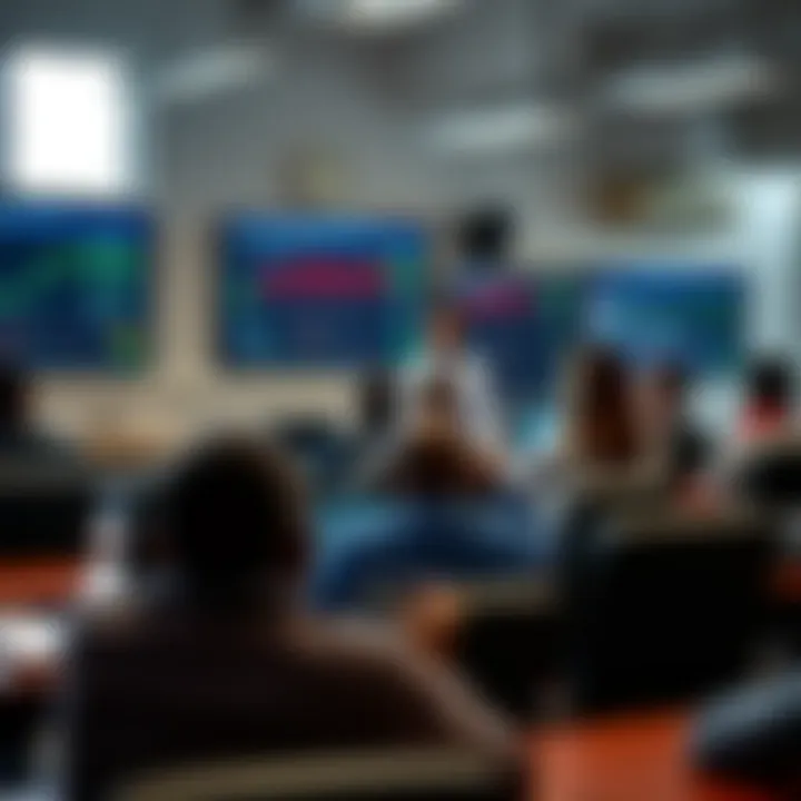 Classroom setting with students learning forex trading concepts from an instructor