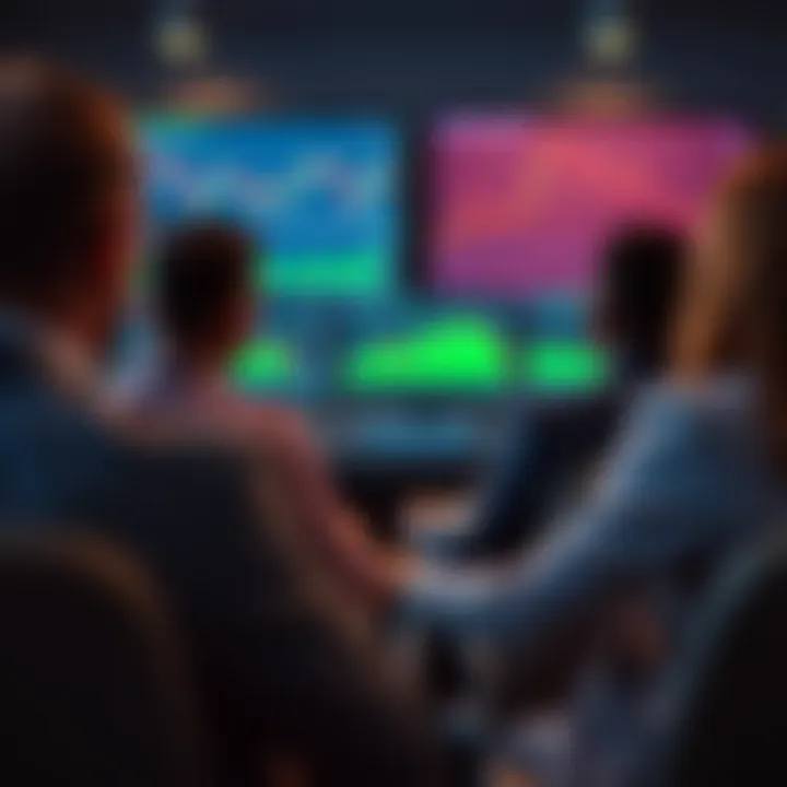 Participants engaging in a forex trading seminar with charts and graphs displayed on a screen