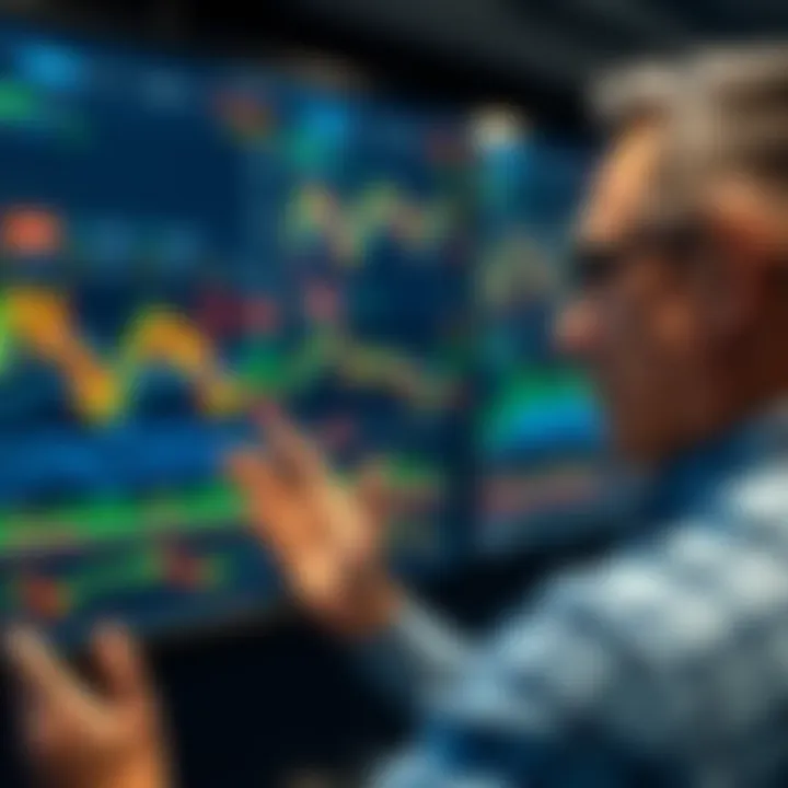 Close-up of a seminar presenter explaining forex trading strategies with graphical charts