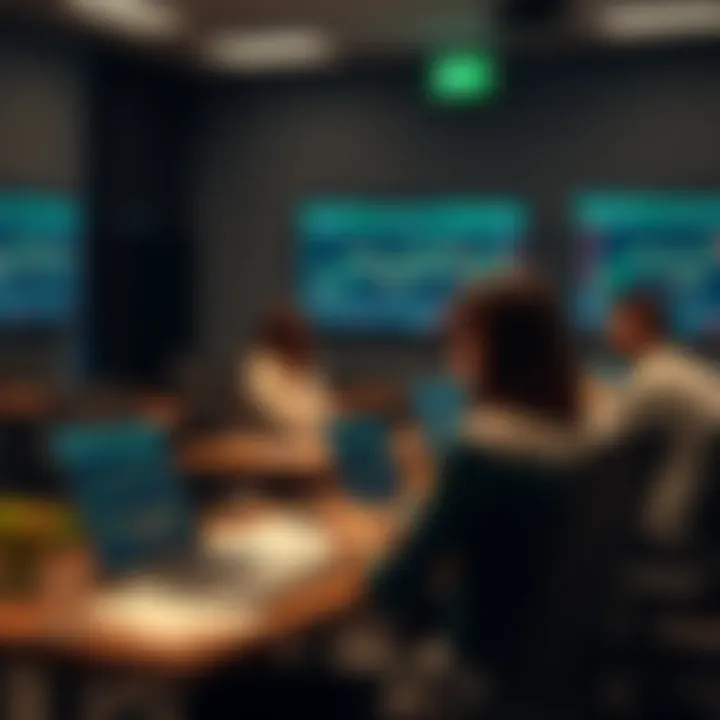 Scene of a classroom setting with students engaging in forex trading training using laptops and educational materials