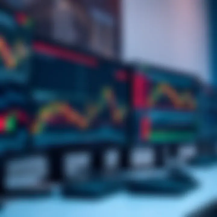 Forex Trading Platform with Real-Time Market Data Desktop setup with multiple screens displaying forex trading platform with charts and market data