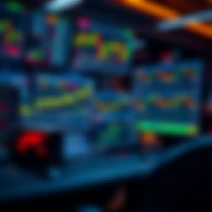 Modern trading workspace with multiple monitors displaying forex charts and digital graphs