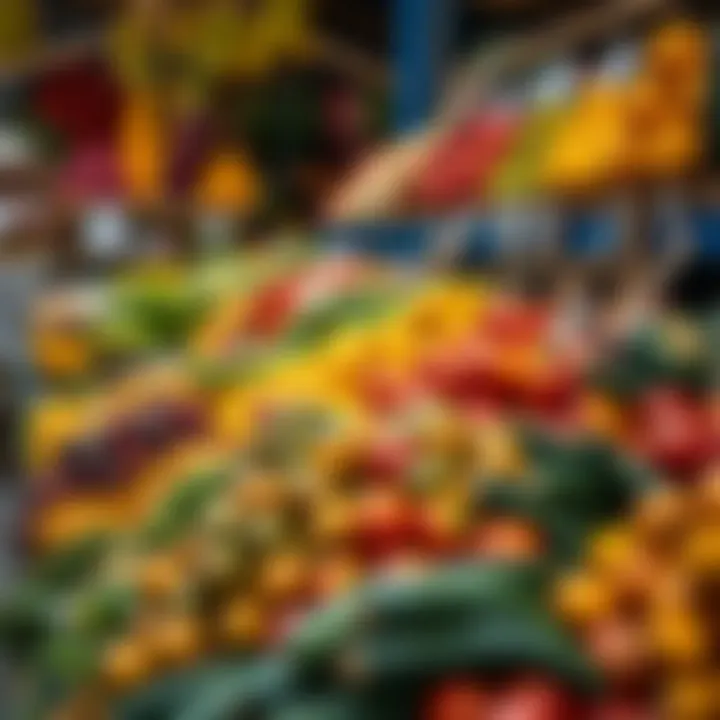 Colorful display of fresh fruits and vegetables arranged in market stalls during peak trading hours