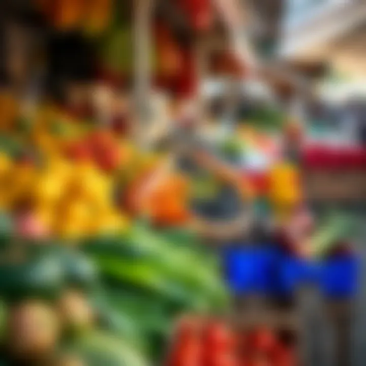 Fresh fruits and vegetables neatly arranged at a Somerset West market stall during morning hours