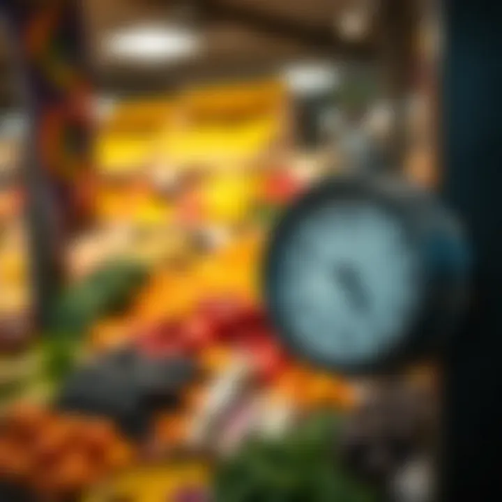 Clock displaying local trading hours with a backdrop of seasonal fruit and vegetable displays