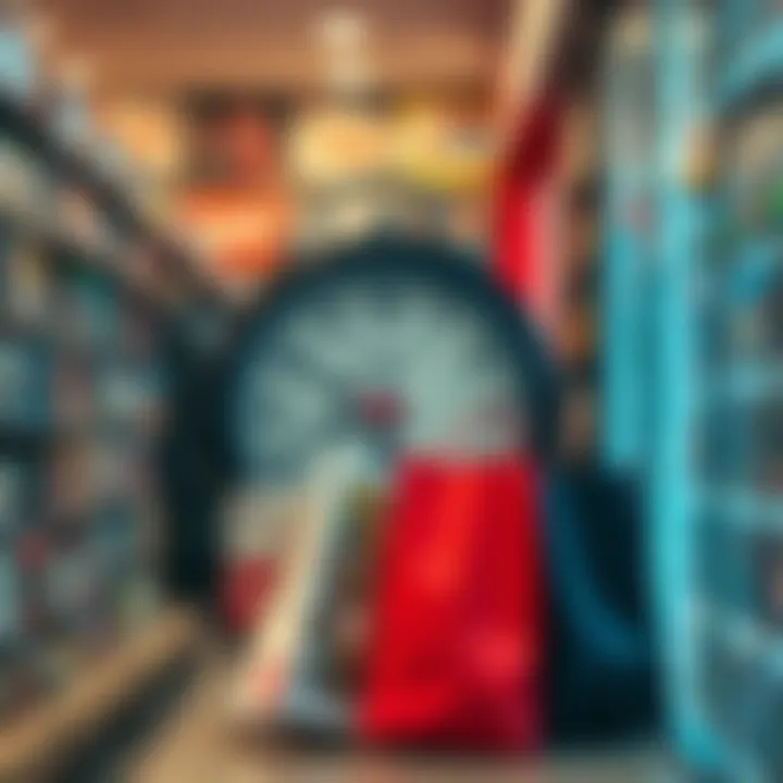 Clock showing typical trading hours alongside a shopping bag inside a game store