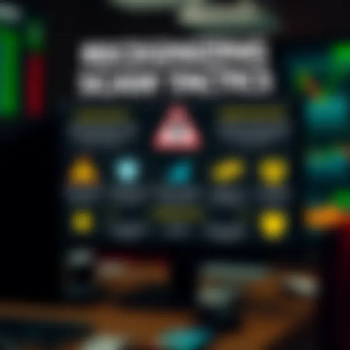 Graphic showing common scam tactics in online trading, featuring warning signs and protective shield icons