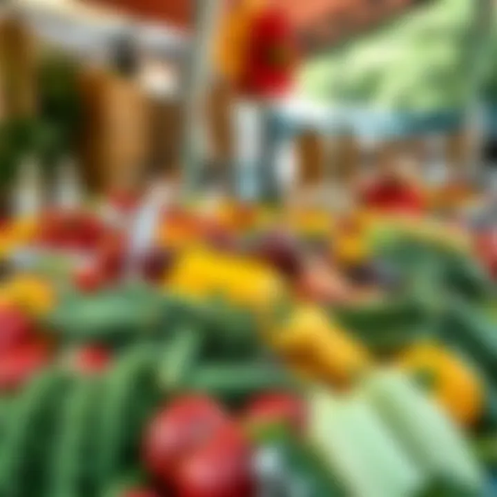 Fresh fruits and vegetables displayed at an outdoor market stall in Kenilworth under natural daylight