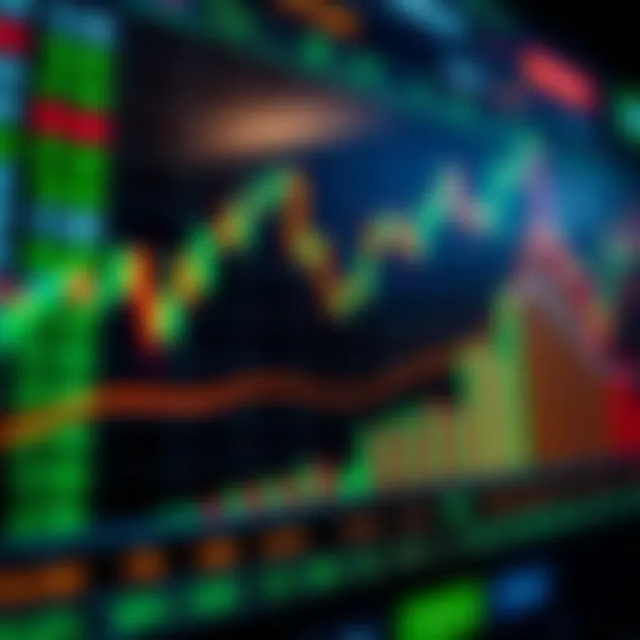 Graph showing forex market currency pairs with upward and downward trends on a digital interface