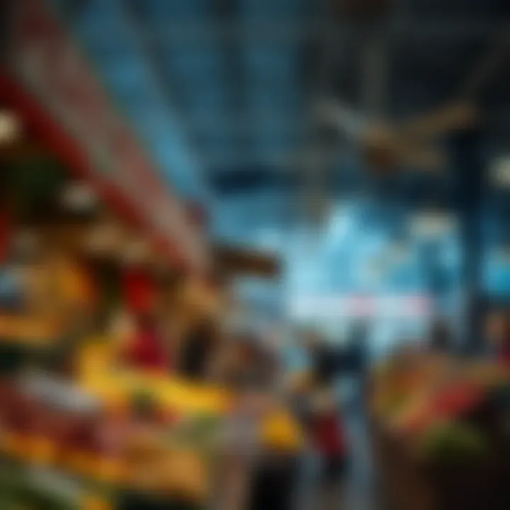 Market stalls bustling with colorful produce during peak trading hours at Park Meadows
