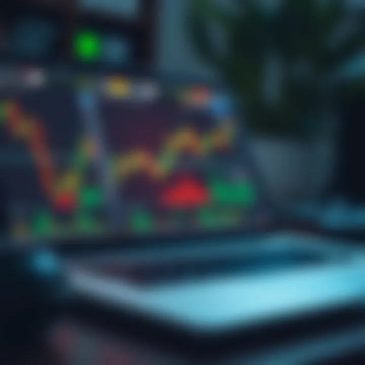 Open laptop showing forex trading platform with candlestick charts and risk management tools