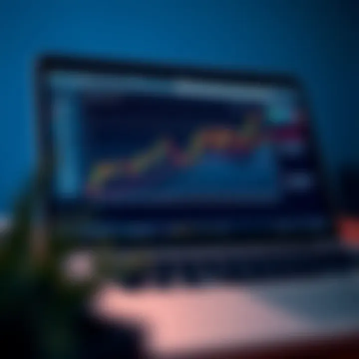 Upward Trend Chart Highlighting Fundamental Forex Trading Concepts Graphic showing an upward trend chart on a laptop screen with annotations on key forex trading concepts