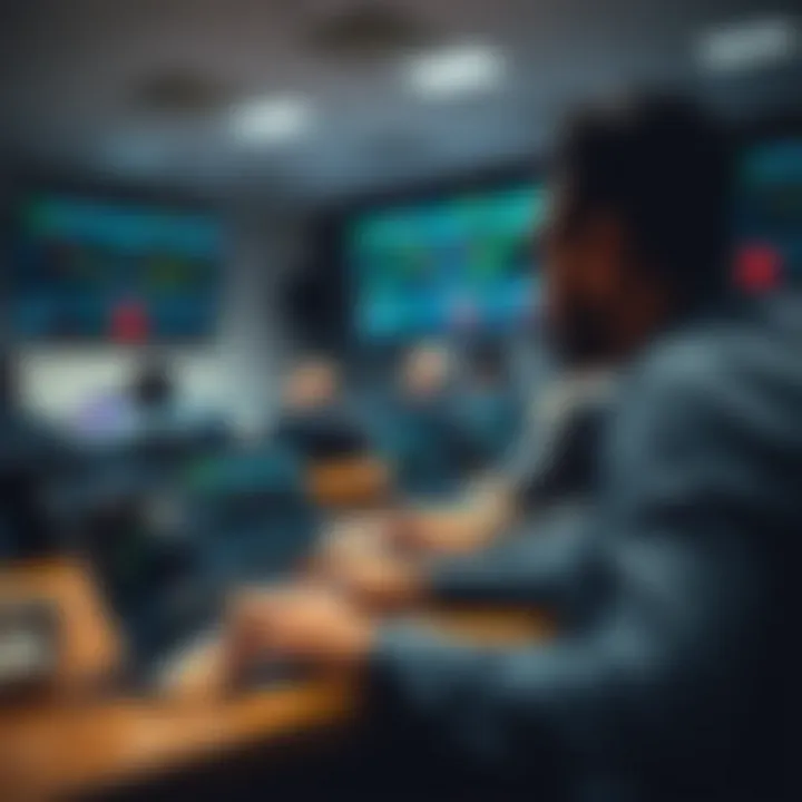 Classroom setting with students learning forex trading using laptops and charts