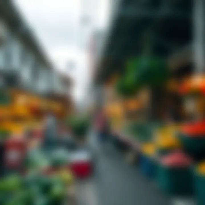 Exterior view of a busy fruit and vegetable market in Tokai with fresh produce stalls