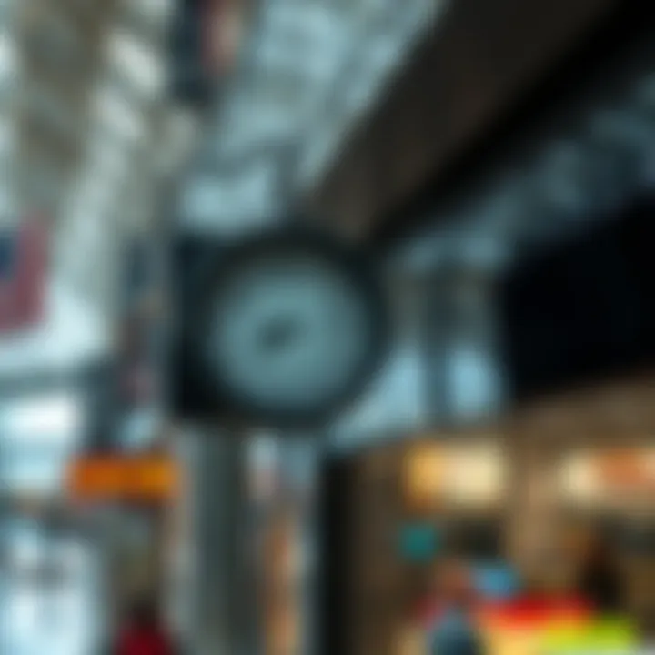 Clock displaying trading hours mounted near the entrance of a busy shopping complex