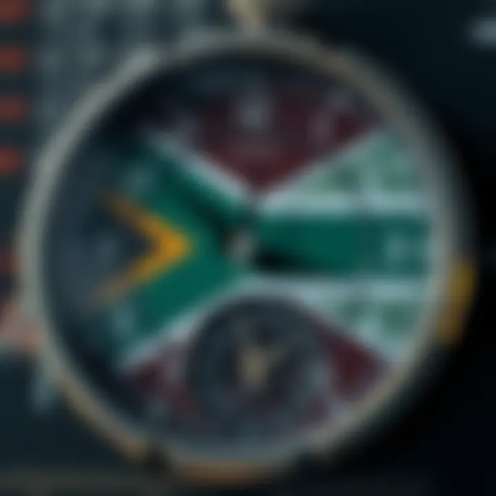 South African flag overlaying a clock face indicating optimal forex trading times