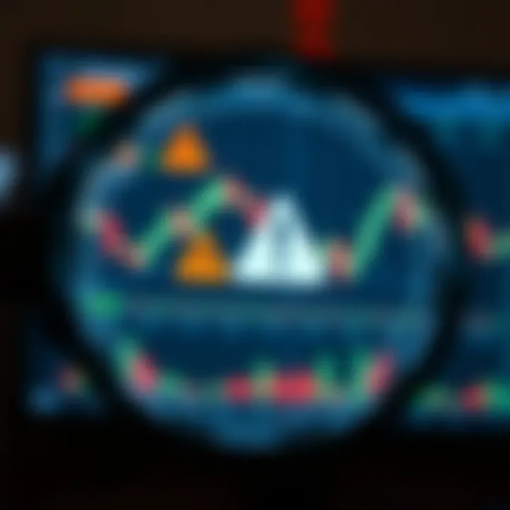 Illustration showing a magnifying glass focusing on a computer screen with forex trading charts and warning signs indicating potential scams
