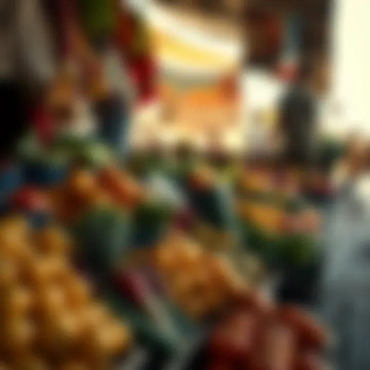 Fresh fruits and vegetables displayed at a bustling South African market with early morning sunlight