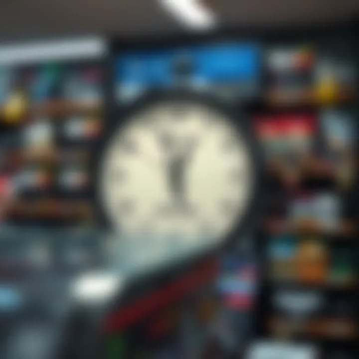 Close-up of a clock showing store opening hours inside a game store with shelves of gaming accessories in the background