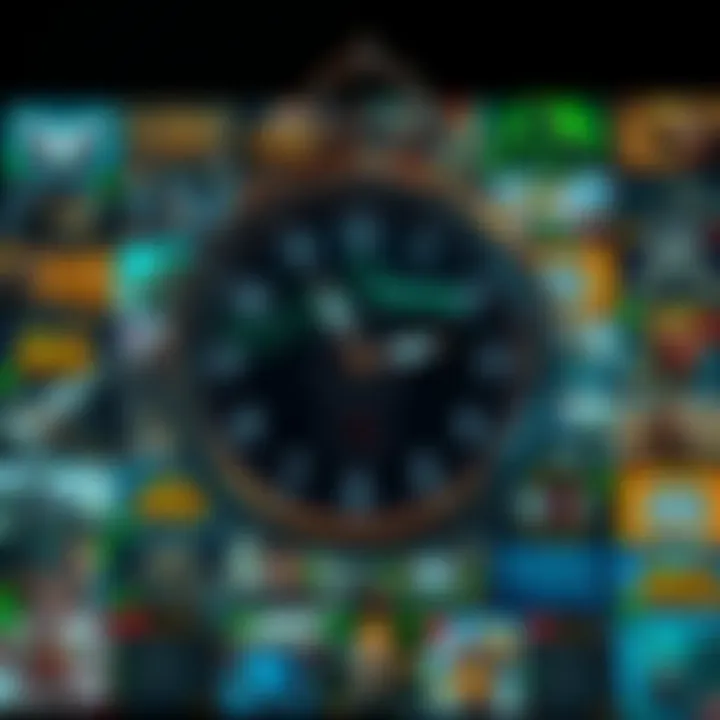 Clock showing trading hours for games with a background of game icons