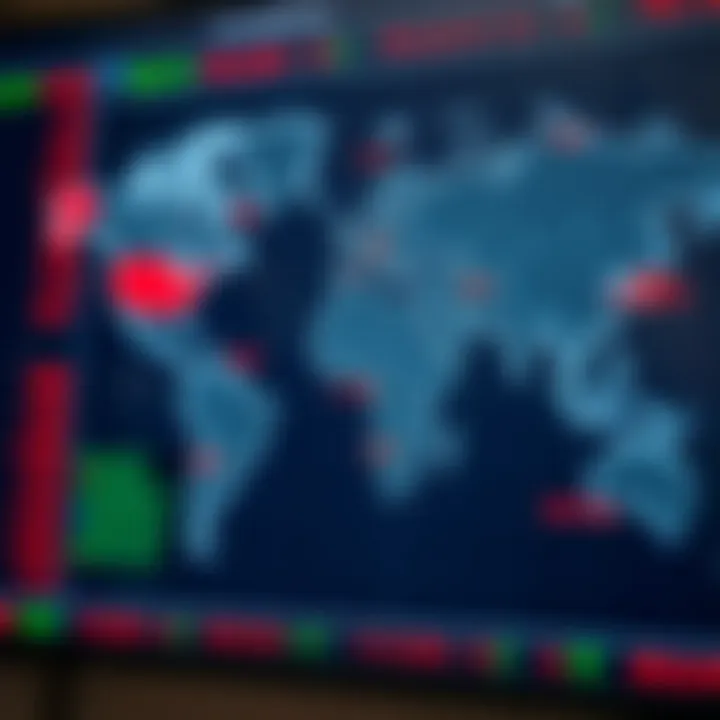 Global currency exchange rates displayed on a digital world map highlighting major forex markets