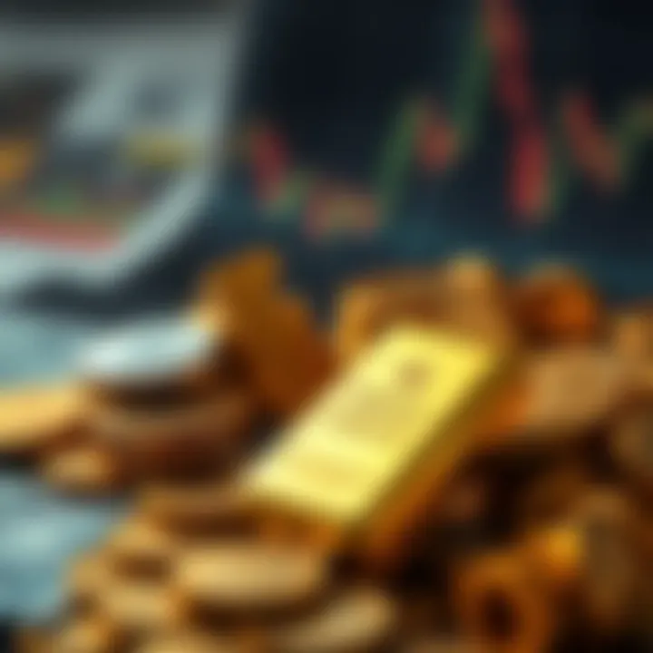 Conceptual illustration of forex trading strategy with gold bars and currency symbols