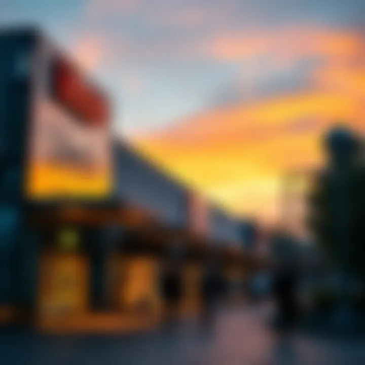 Lifestyle Centre Exterior at Closing Time Exterior view of a modern lifestyle centre at sunset with shoppers entering and exiting