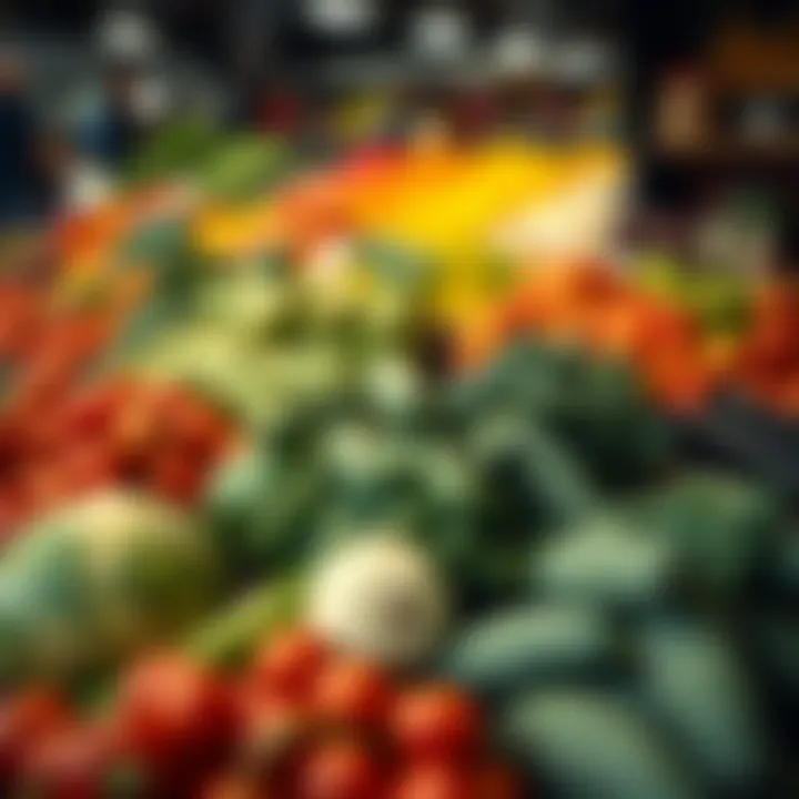 Fresh seasonal fruits and vegetables displayed at a market stall with rich colors