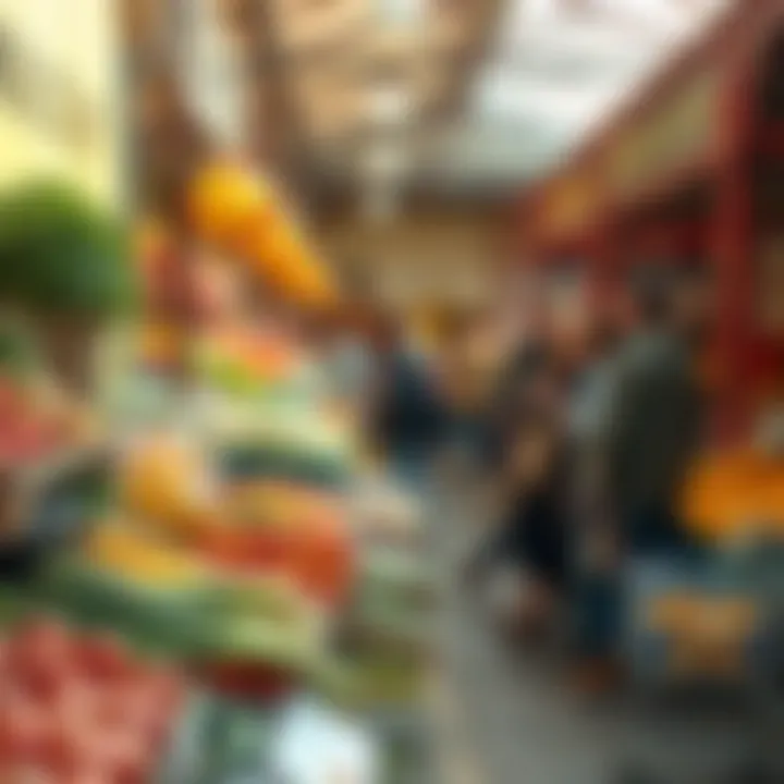 Market visitors browsing vibrant fruit and vegetable stalls under natural daylight