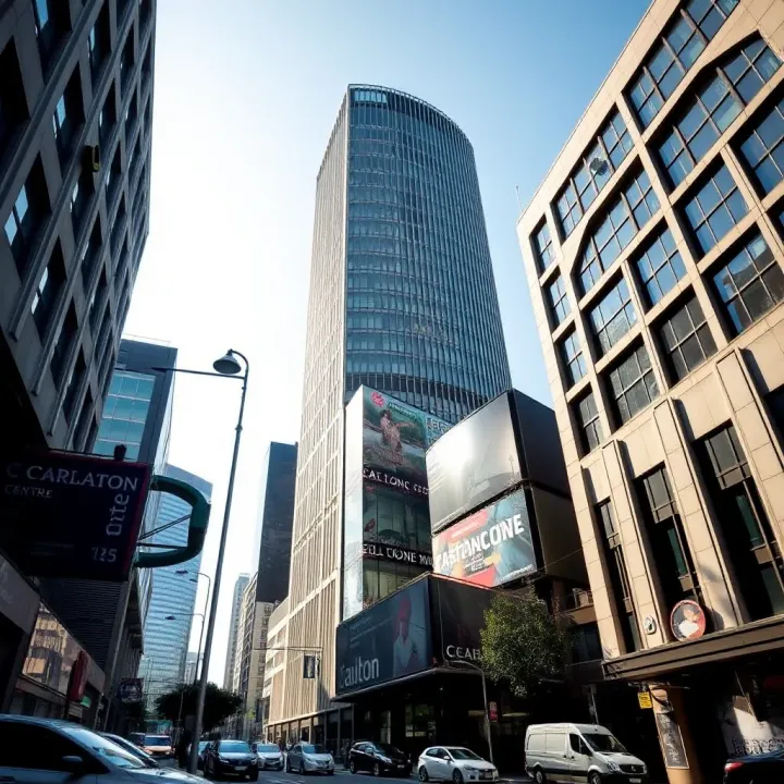 Exterior view of Carlton Centre showcasing its tall structure under a clear sky