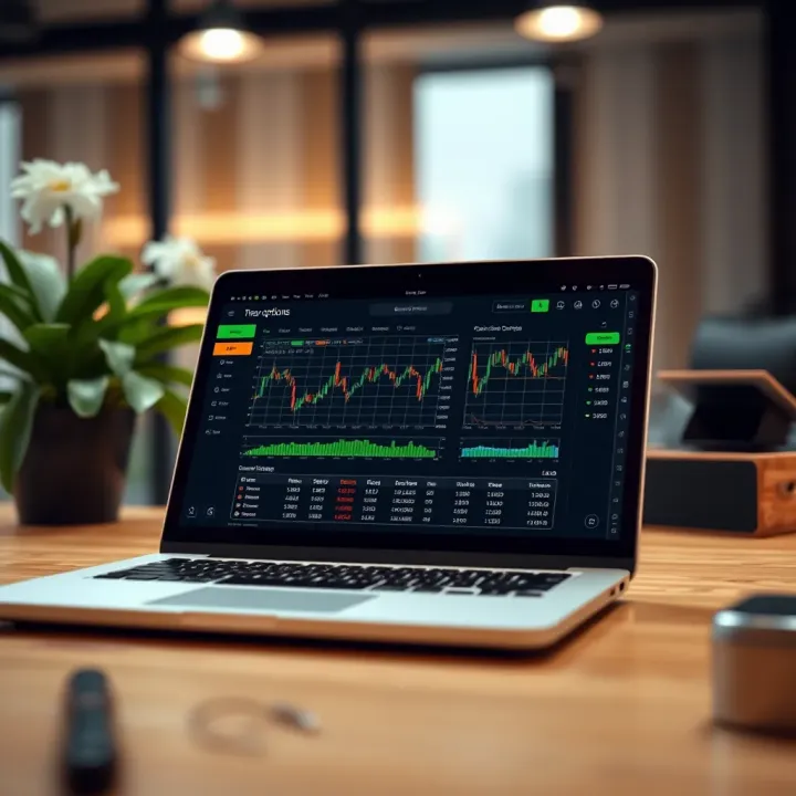 Binary Options Trading Platform Interface A laptop screen displaying a binary options trading platform with charts and options for financial trading