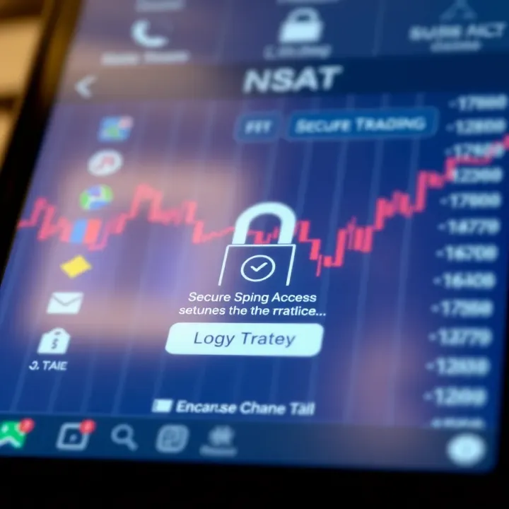 Secure mobile trading app login screen featuring encryption icons and authentication prompts