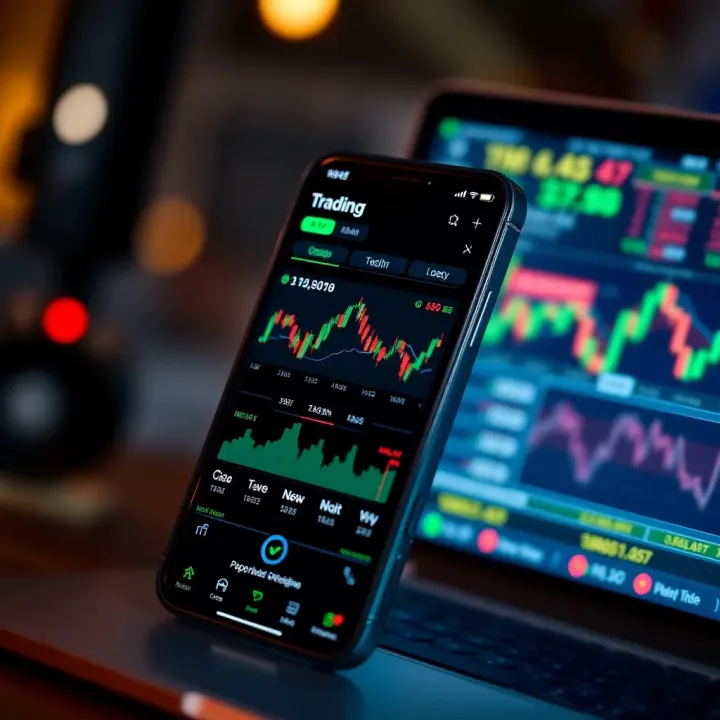 Mobile phone displaying a user-friendly trading app interface with charts and stock information