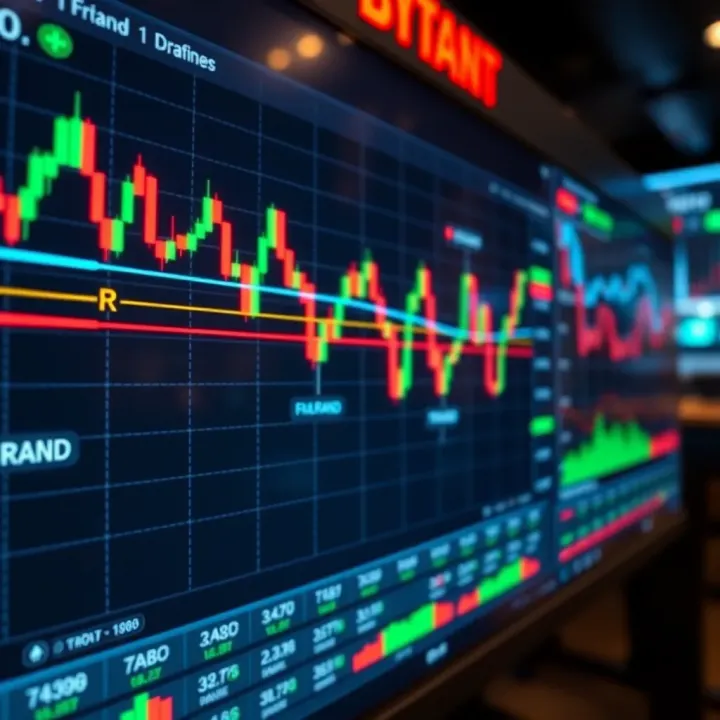 A digital interface displaying binary options trading charts with South African Rand symbols highlighting market analysis