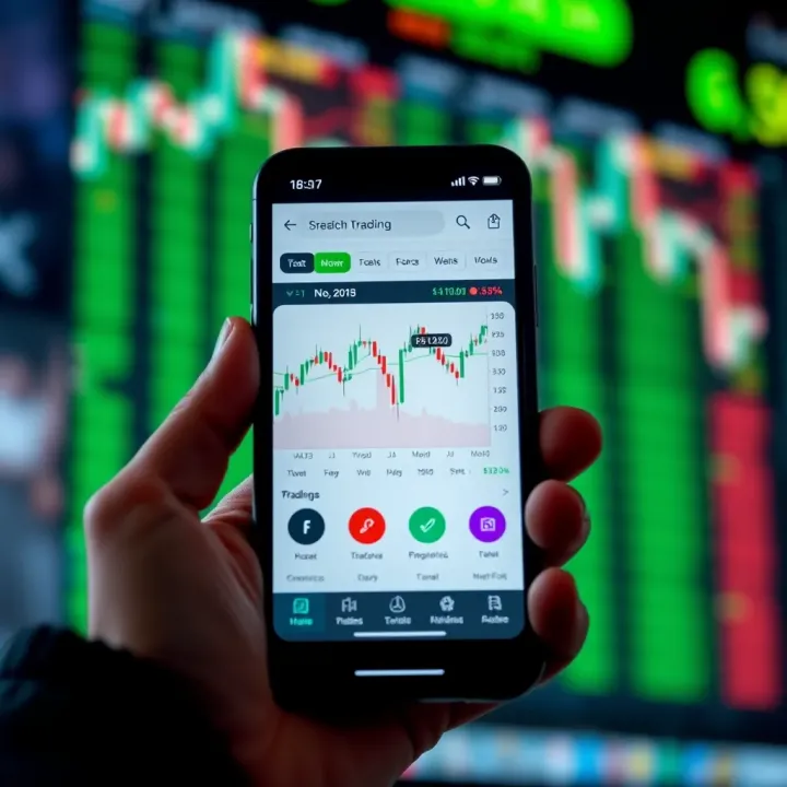Mobile phone showing a simple user interface of a trading application with clear charts and icons