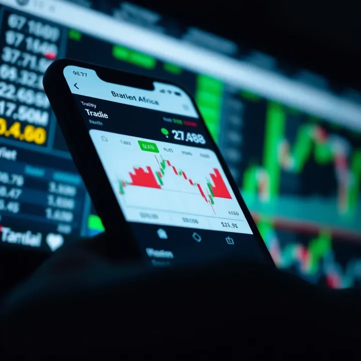 Illustration of a mobile phone displaying a trading app interface with South African market data and financial charts