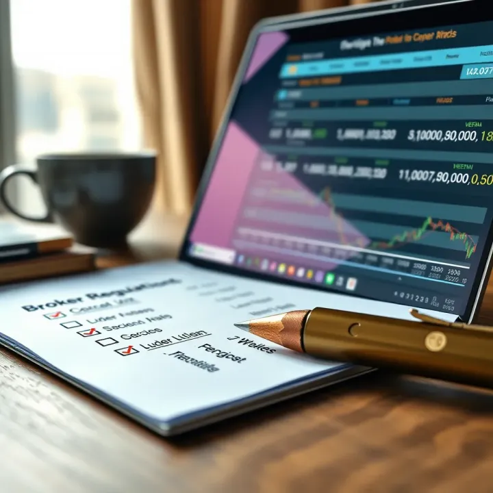 Illustration of a checklist with financial documents and a laptop displaying broker regulations